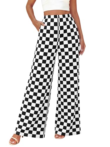 BTFBM Womens Checkered Palazzo Pants Wide Leg High Waisted Pockets Gingham Casual Lounge Pajama Trousers Summer Outfits(Plaid Black White,Medium)