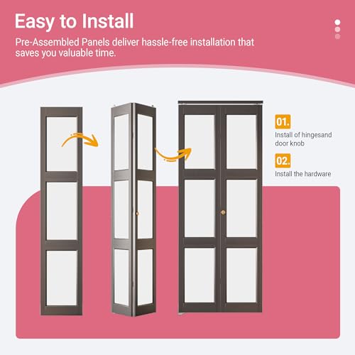 WINKLUCK 32"x80" Bifold Doors, 3-Lite Tempered Frosted Glass Folding Door for Bedroom Closet Cloakroom Solid MDF Doors Coverd with Black PVC Waterproof Surface Multifold Interior Door w/Hardware Kits - Thumbnail 4