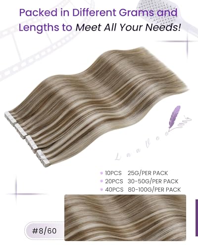 Image of LaaVoo Human Hair Tape in Extensions Light Brown Highlight Lightest Blonde | for Short Hair, Add Volume, Tape in Hair Extensions Human Hair, Snug Fitting, Invisible Bases, Blend Well, 12Inch 20Pcs 30G