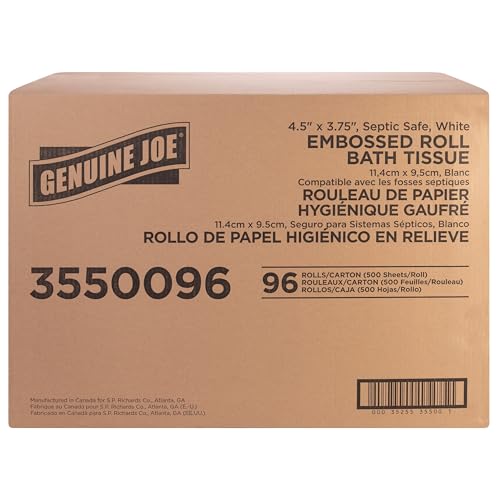Image of Genuine Joe Embossed Bath Tissue, 2-Ply, Septic Safe, Individually Wrapped, 4.5 inch x 3.75 inch, 500 Sheets /Roll, 96 Count