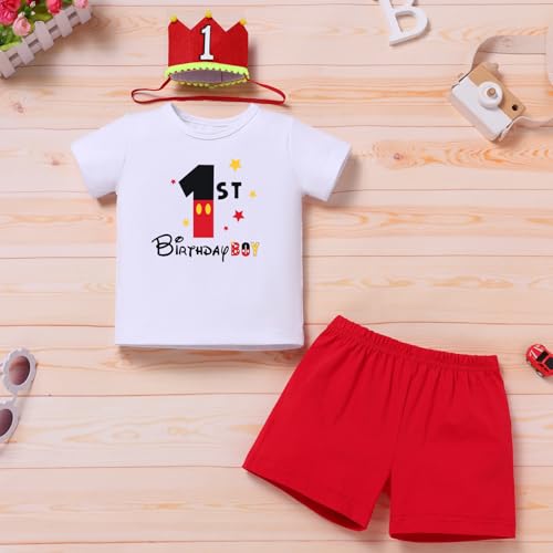 IBTOM CASTLE Baby Boys 1st Birthday Outfit Jungle Safari & Space & Farm Top Shirt Shorts Crown 3PCS Cake Smash Clothes Set2