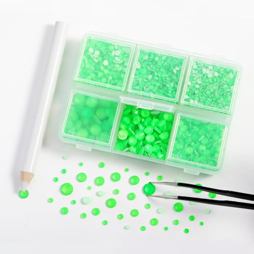 Image of BEADSLAND Hotfix Rhinestones, 4000 PCS Rhinestones for Clothes Crafts Mixed 6 Sizes with Wax Pencil and Tweezers Kit, SS6-SS30, Neon Green