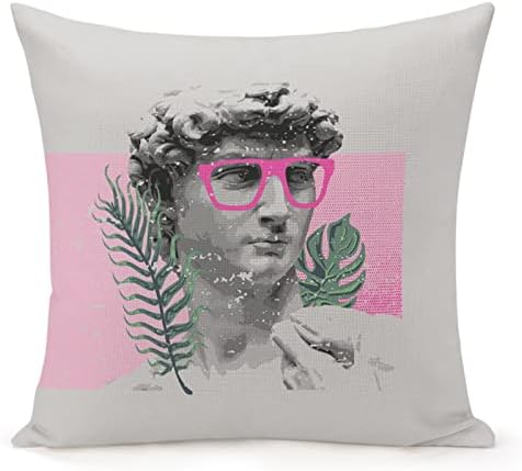 Throw Pillow Cover 18x18 Inch，Renaissance David Sculpture Stylish Trendy Pink Glasses Square Throw Pillow Cases，Artwork Hipster Ancient Abstract Polyester Throw Cushion Covers For Couch Sofa Bedroom