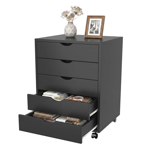 Image of 5 Drawer Mobile File Cabinet Under Desk Storage Organization with Wheels Vertical Filing Chest Rolling Wood Small Desk Printer Stand for Home Office, Black