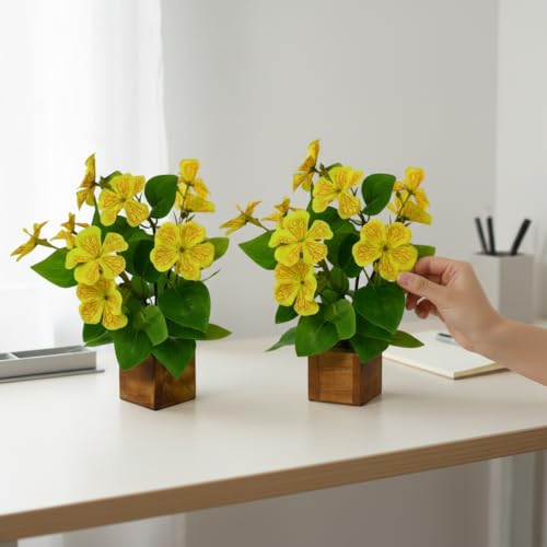 Image of fancymart Artificial Flower Plant Set of 2 with Wooden Pot - 23 cm Height | Real-Touch Faux Floral Decor for Home, Office, Living Room, Bedroom, Desk & Gift Purpose