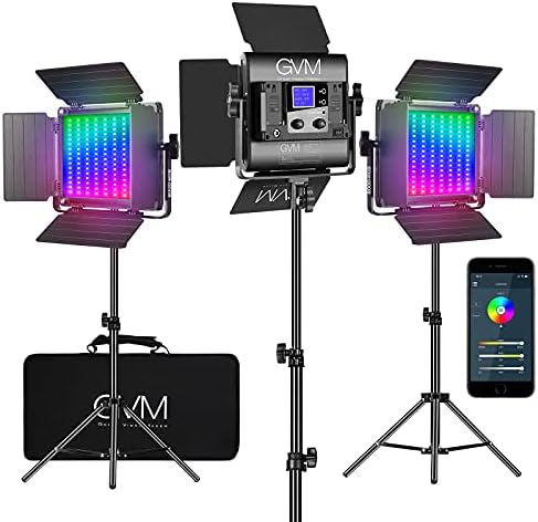 GVM RGB LED Video Lights with Stand, 800D APP Control Full Color Photography Panel Lighting Kit, CRI97+ Bi Color 3200K-5600K for Camera Photo Studio YouTube (3 Pack)