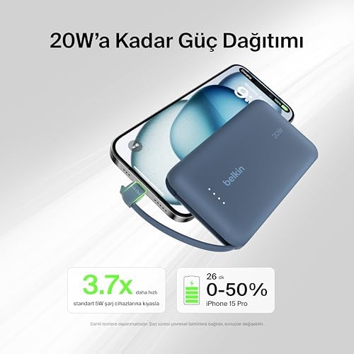 Belkin BoostCharge Power Bank, Entegre Kablolu Taşınabilir Şarj Cihazı 10K PD 20W - USB-C Güç Dağıtımı, iPhone Power Bank iPhone 16 Serisi, iPad Pro, Galaxy S24 ve Daha Fazlası için Hızlı Şarj - Görsel 2