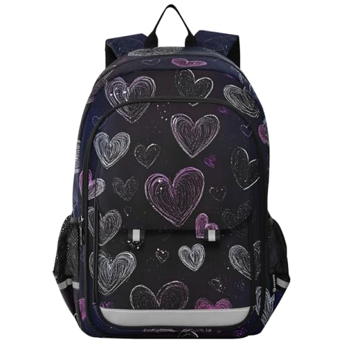 Hearts Doodle Kids Backpack Big Storage Multiple Pockets 17.7 IN for Travel, Bookbag School Bag with Chest Buckle Reflective Strip for Boys Girls in Primary Middle High School