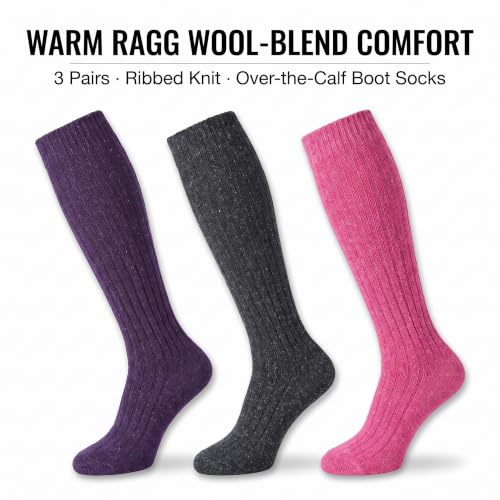 Image of Tipi Toe Women's 3 Pairs Ragg Marled Wool-Blend Boot Socks - Warm Ribbed Over the Calf /Knee High Socks for Winter Comfort