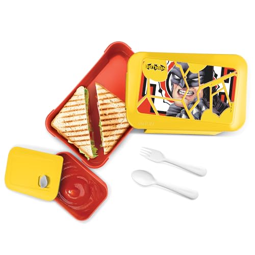 Image of MILTON Berry Tiffin Lunch Box for Kids Boys & Girls with Leak-Proof Inner Container| Food Grade,BPA Free,Compact & Durable Snacks Box for Kids I Plastic Spoon & Fork, 850 ml, Batman Print, Yellow