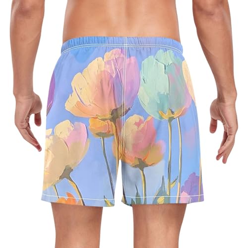Colorful Florals Painting Mens Swim Trunks with Liner, Cool Quick Dry Beach Swim Shorts, Swimwear Bathing Suits S2