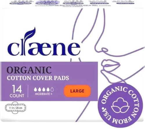 Image of Claene Organic Cotton Cover Pads, Cruelty-Free, Menstrual Large Pads for Women, Unscented, Breathable, Vegan, Natural Sanitary Napkins with Wings (Large, 14 Count)