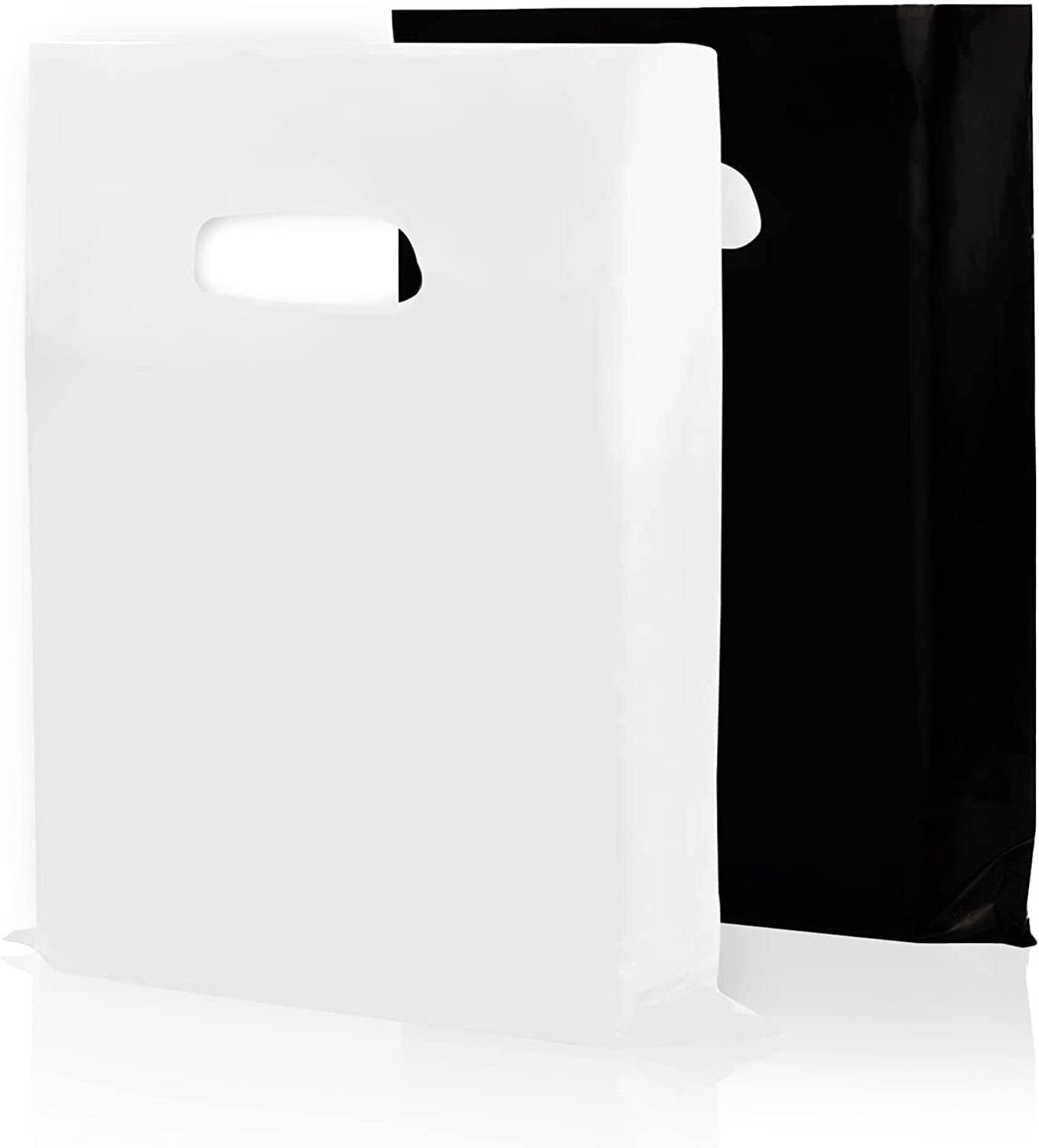 Houseables Plastic Merchandise Shopping Bags, Retail Bag, 16”x18”, 100 Pack, 1.75 Mil Thick, Black & White, Die Cut Handles, Craft Fair Supplies, Store, Glossy, For Sales, Product, Favor, Boutique