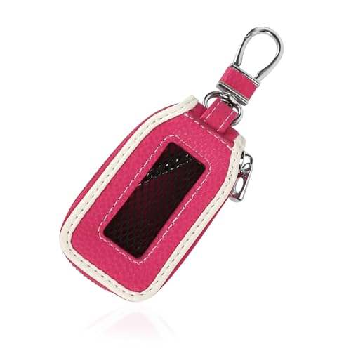 Hbxdeco Car Key Fob Case, Leather Car Key Chain Case Holder with Mesh Window, Universal Auto Keychain Case Protector Cover (Rose Red+White)