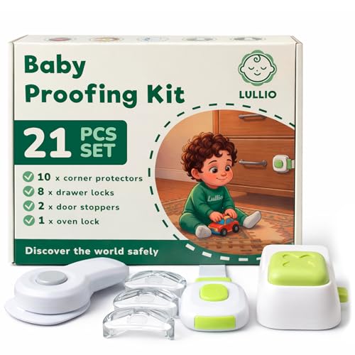 LULLIO Baby Proofing Kit for Home and Kitchen 21-Piece Safety Set with 10 Baby Corner Protectors 8 Child Locks for Drawers 2 Door Stoppers 1 Oven Lock No Tools or Drilling Required