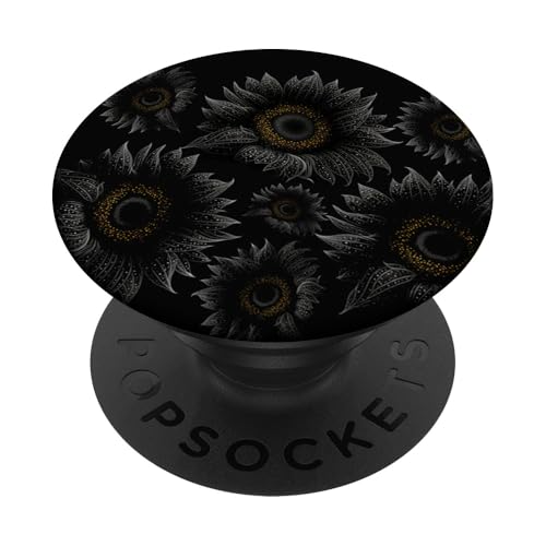 Cute Sunflower Floral Blooms Black Flower Pattern Aesthetic PopSockets Adhesive PopGrip