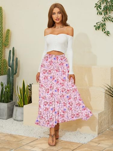 Image of NASHALYLY Women's Chiffon Elastic High Waist Pleated A-Line Flared Maxi Skirts