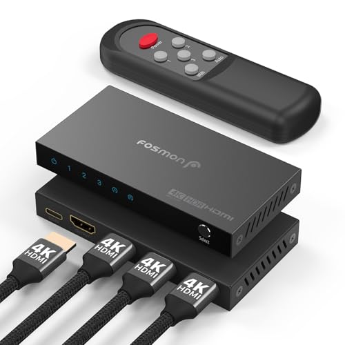 Fosmon Switch HDMI 4K 3 Porte con Telecomando, 4K@60Hz HDCP 2.2 18Gbps, Commutatore HDMI 2.0 Auto 3 in 1 Uscita Hub compatibile con PS5, Xbox X|S, Apple TV, DVD, Laptop PC, Monitor