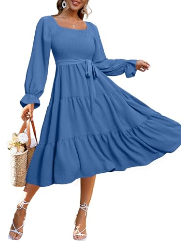 Simplee Womens Long Sleeve Fall Maxi Dress Casual Square Neck Long Flowy Church Dresses Dusty Blue L
