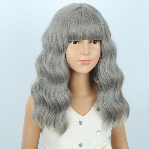 Image of Girls Gray Wig with Air Bangs Kids Short Gray Wavy Curly Wigs Children Synthetic Cosplay Hair for Halloween
