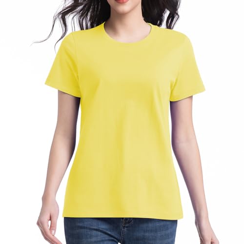 Cotton Short Sleeve T Shirts for Women Basic Tee Tshirts Crew Neck Plain Casual Summer Tops Loose Fit Small Yellow