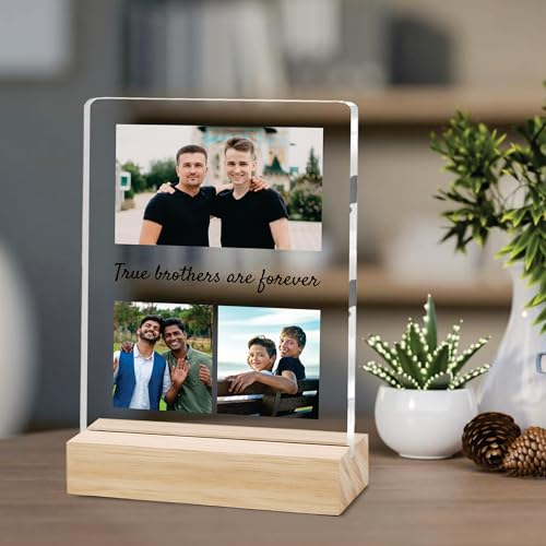 Image of Giftplease Customized Photo And Text Frame With Wooden Stand | Personalised Printed Photo Frame | Gift For Brother | Birthday | (Transparent, 5MM, 6 * 8 Inches), Tabletop BG 11