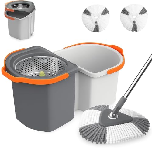 Image of 360 Spin Mop with Bucket, Dual Drive Floor Cleaning System,Stainless Steel Wringer,Super Absorbent Microfiber Mop Heads, Self-Wringing Mop Set with 2 Refills