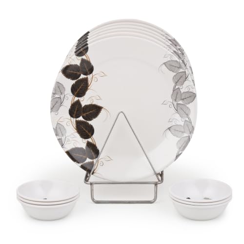Image of Golden Fish Melamine Round Dinner Plate & Bowl Set of 12 (6 Plates + 6 Veg Bowls) | Blue-Grey Botanical Leaf Print | Unbreakable, Dishwasher & Microwave Safe