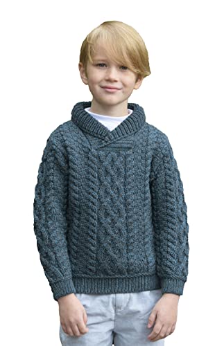 Aran Crafts Kids Shawl Neck Sweater, 100% Merino Wool, Made in Ireland, SH5237-2/3-PEA, Peacock, 2 Years