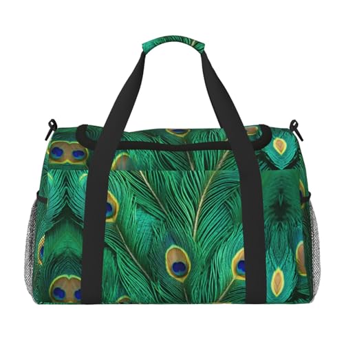 Green Peacock Feather Foldable Travel Duffel Bag Tote Carry On Luggage Bag For Weekend Getaways, For Spontaneous Trips