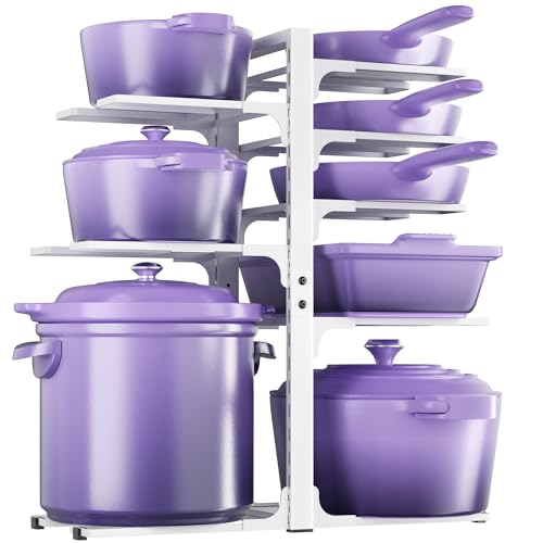 Image of MUDEELA 8-Tier Pots and Pans Organizer under Cabinet, Heavy Duty Adjustable Pot Pan Organizers inside Cabinet, Kitchen Cabinet Organizers and Storage Pot Rack for Big Stockpots, Heavy Cookware, White