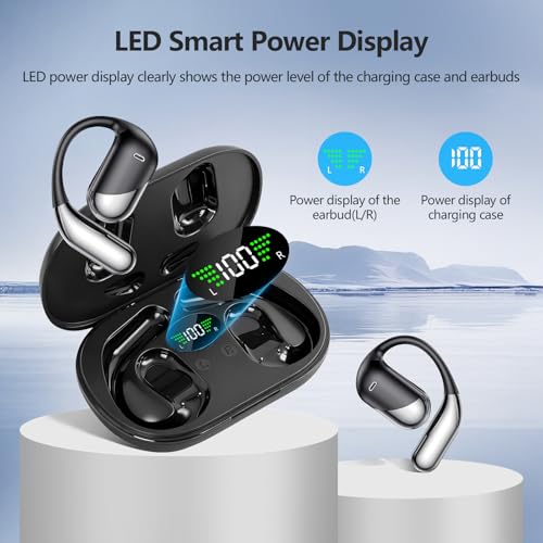 Image of Open Ear Clip Wireless Earbuds Bone Conduction Headphones, Bluetooth Built-in Mic, Waterproof, LED Display Charging Case,Ear Hooks Ear Buds, Ultra-Comfort Design for Running /walking /office /workout