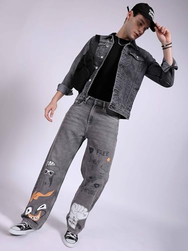 Image of The Indian Garage Co Men Baggy Solid Mid-Rise Stretchable Jeans