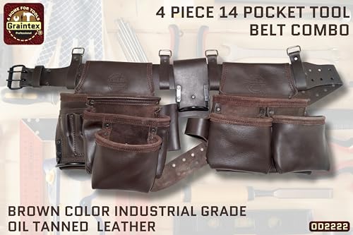 Image of Graintex 13 Pocket Framers Tool Belt, 4 Pc Combo Industrial Grade Leather Tool Pouch, 2 inch Leather Belt & Hammer Holder, Bags for Drywall Tools, Electricians, Plumbers