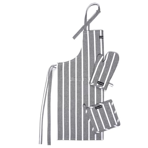 Image of Encasa XO 100% Cotton Apron Set for Women & Men with Adjustable Apron, Oven Gloves & Pot Holder (Pack of 3) Combo, Heat-Resistant, Soft & Durable for Cooking, Baking & Grilling (Roma Grey Stripes)