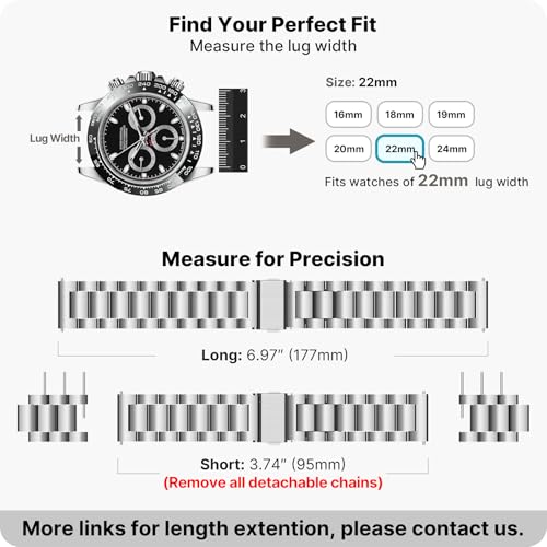 Image of Fullmosa Stainless Steel Watch Band 16mm 18mm 19mm 20mm 22mm 24mm, Quick Release Metal Replacement Strap with Removable Links, Includes Spring Bars & Link Removal Tool for Men Women (22mm, Silver)