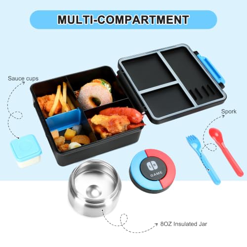 Image of Gamer Bento Lunch Box for Kids, 60 OZ Kids Lunch Box with 8 OZ Leakproof Stainless Steel Insulated Food Jar, 3-4 Compartments Bento Box for School, Includes Sauce Cup & Divider (Blue-Red-A)