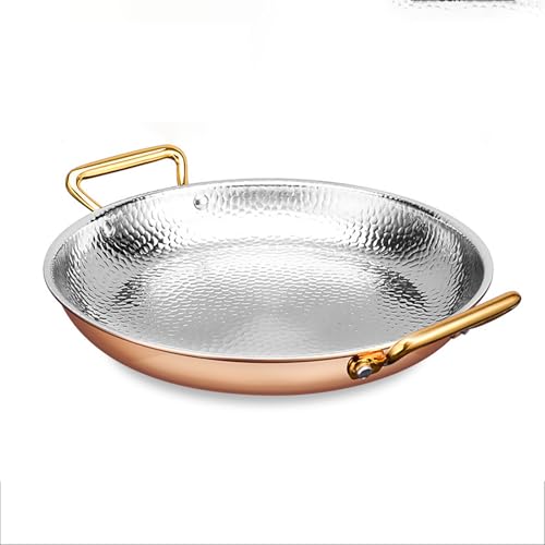 CVQWRJH Spanish Paella Pan,Handmade Copper Frying Pan Stainless Steel Double Ears Pan, Nonstick Cooking Skillet Cookware for Spanish Dishes Home Restaurant,Gold,30cm