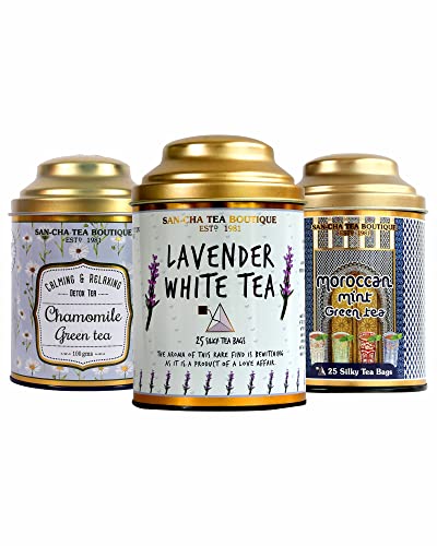 Image of Sancha Tea Boutique, Calming Tea Bundle, Lavender, Chamomile & Mint Herbal Infusions, 50 Pyramid Bags & 100g Loose Leaf, Caffeine Free Relaxation Value Pack