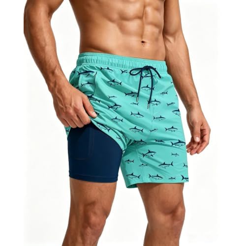 Yufawow Men Swim Trunks with Compression 5 Inches Shark Breathable Liner Quick Dry Zipper Pockets for Board Beach Gym Running