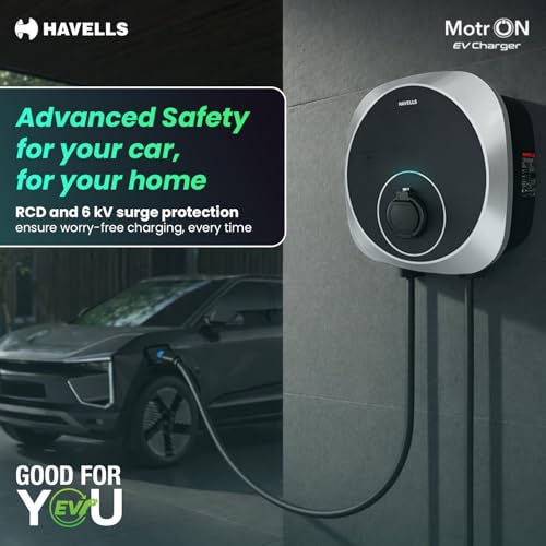 Image of Havells 7.4 kW MotrON PRO Smart EV Charger|2m & 5m Output TPU Cable| Wi‑Fi, GSM, 4G| OCPP 1.6| ARAI & IEC|IP66, IK10 & UV Safe|10+ Electrical Safety Features|2 Yr Warranty