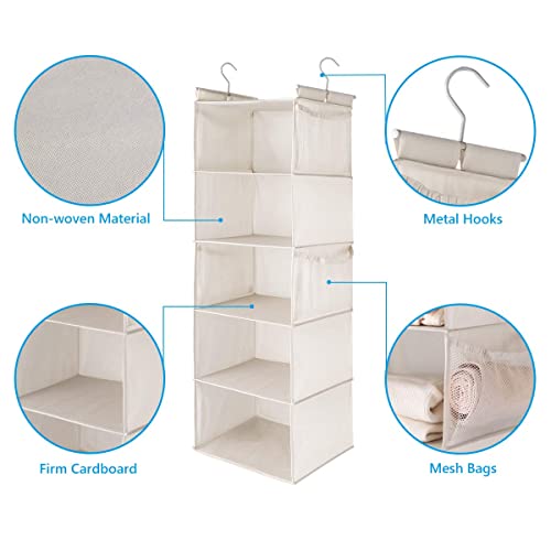 Max Houser 5 Shelf Hanging Closet Organizer, Space Saver, Cloth Hanging Shelves With 4 Side Pockets, Foldable, Beige #TOP4