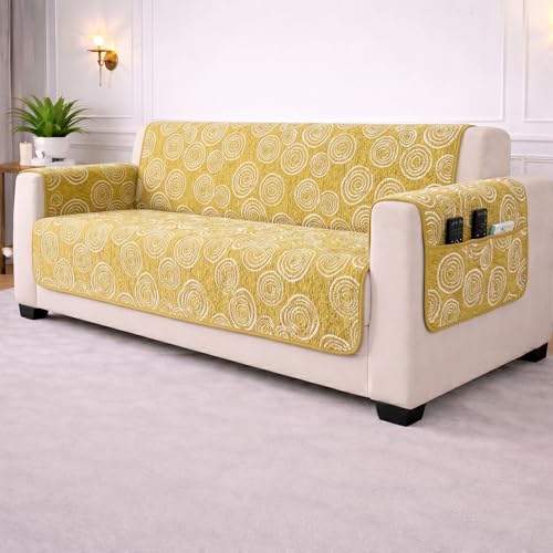Image of STITCHNEST 'Opulence Series' Floral Woven Sofa Cover for 2 Seater | Premium Soft Fabric Sofa Protector | Yellow Circular Pattern with Tassel Edge Finish | Durable Living Room Furniture Cover