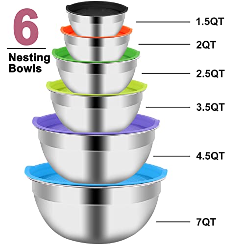 Mixing Bowls With Lid Set, 23Pcs Kitchen Utensils Metal Bowl Stainless Steel Nesting Bowls, Measuring Cups And Spoons, Egg Whisk For Baking Prepping Cooking Serving Supplies #TOP1