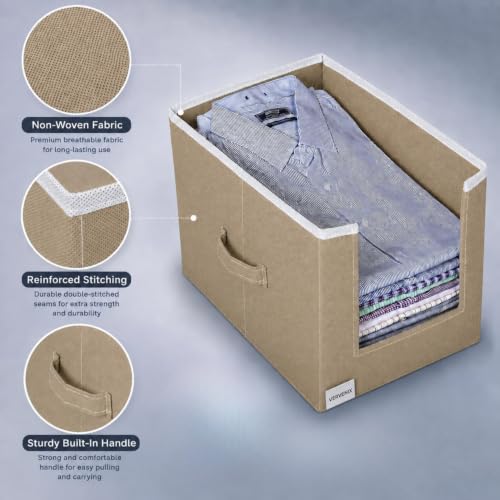 Image of VERVENIX Shirt Stacker Set of 2, Non Woven Foldable Clothes Storage Organizer with Handle, Wardrobe Closet Organizer, Space Saving Cloth Organizer for T-Shirts, Shirts, Jeans, Beige