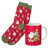 TIENDA EURASIA – Juego de Taza y Calcetín | Medidas 8.3x8.3x10 cm Capacidad 300 ml | Material Taza Cerámica y Calcetín Algodón y Poliéster | Multicolor | Calcetines Talla 38-42 (Papá Noel)