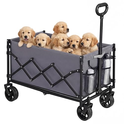 SONGMICS Carro de Mano Plegable, Carreta, Carrito de Jardín, Compacto y Pequeño, con Asa, con 4 Ruedas Reforzadas, 2 Universales, Carga hasta 150 kg, 150 L, Exterior, Gris Pizarra GFW150GD01