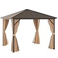 Outsunny 10' x 10' Hardtop Gazebo with Curtains and Netting, Permanent Pavilion Metal Single Roof Gazebo Canopy with Aluminum Frame and Hooks, for Garden, Patio, Backyard, Light Brown