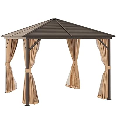 Outsunny 10' x 10' Hardtop Gazebo with Curtains and Netting, Permanent Pavilion Metal Single Roof Gazebo Canopy with Aluminum Frame and Hooks, for Garden, Patio, Backyard, Light Brown
