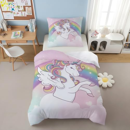 Caregchrisj Bettwäsche Kinder 135x200 Mädchen Einhorn Bettbezug und Kissenbezug 80X80cm für Kinder Regenbogen Einhorn Motiv Kinderbettwäsche mit Reißverschluss